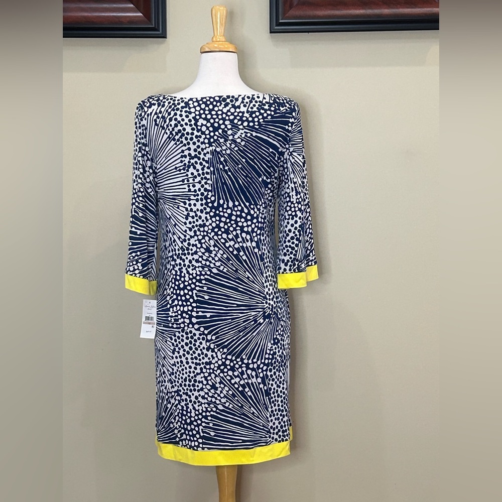 Laura Jeffries | NWT Size 12 Blue/White Geo Print Dress - Picture 3 of 6